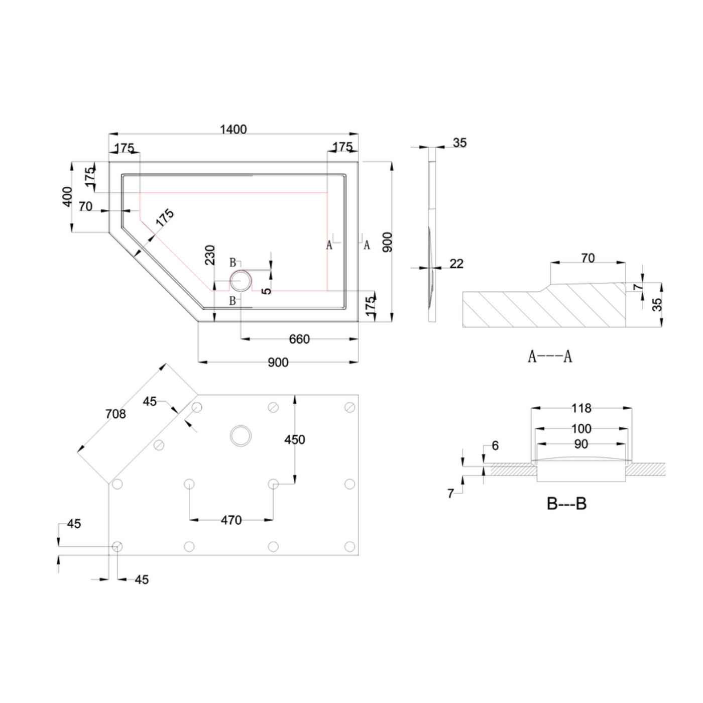 Receveur de douche extra plat pentagone OXALYS acrylique 1400x900