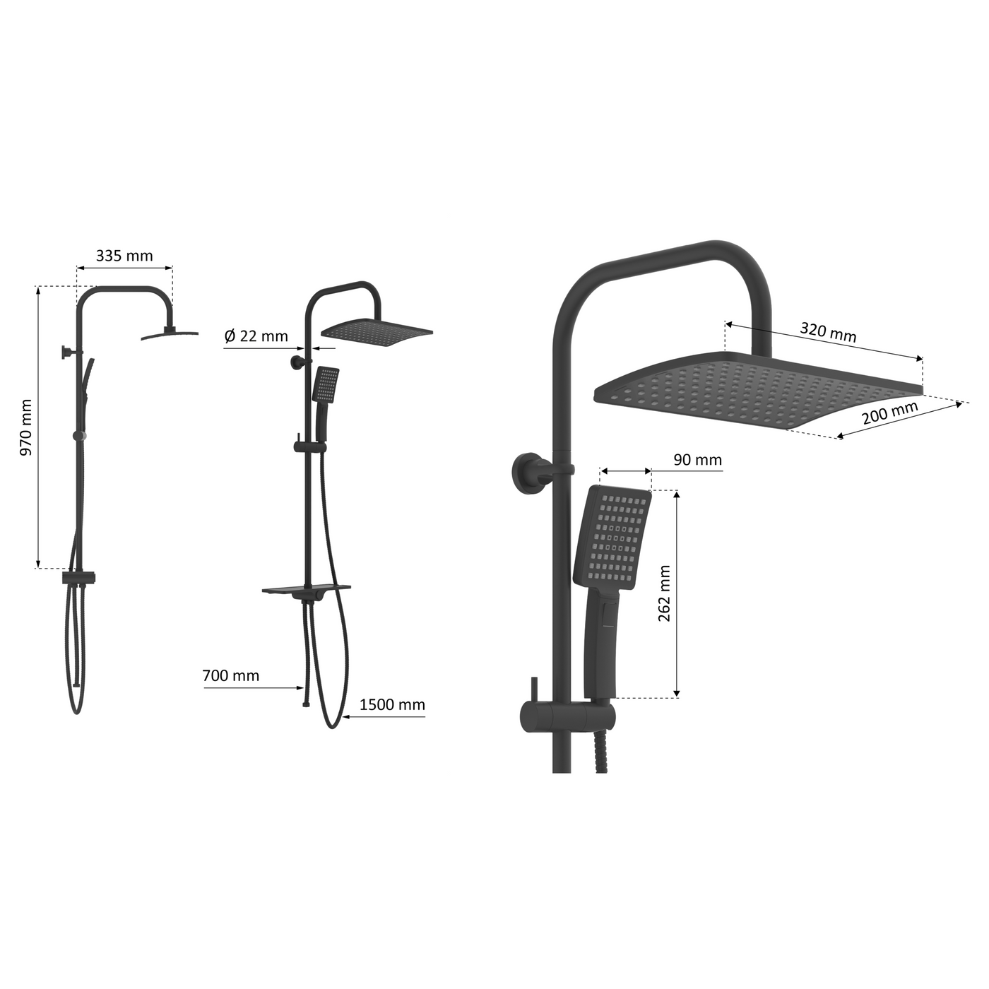 Colonne de douche DS4 noir mat avec pommeau de douche effet pluie