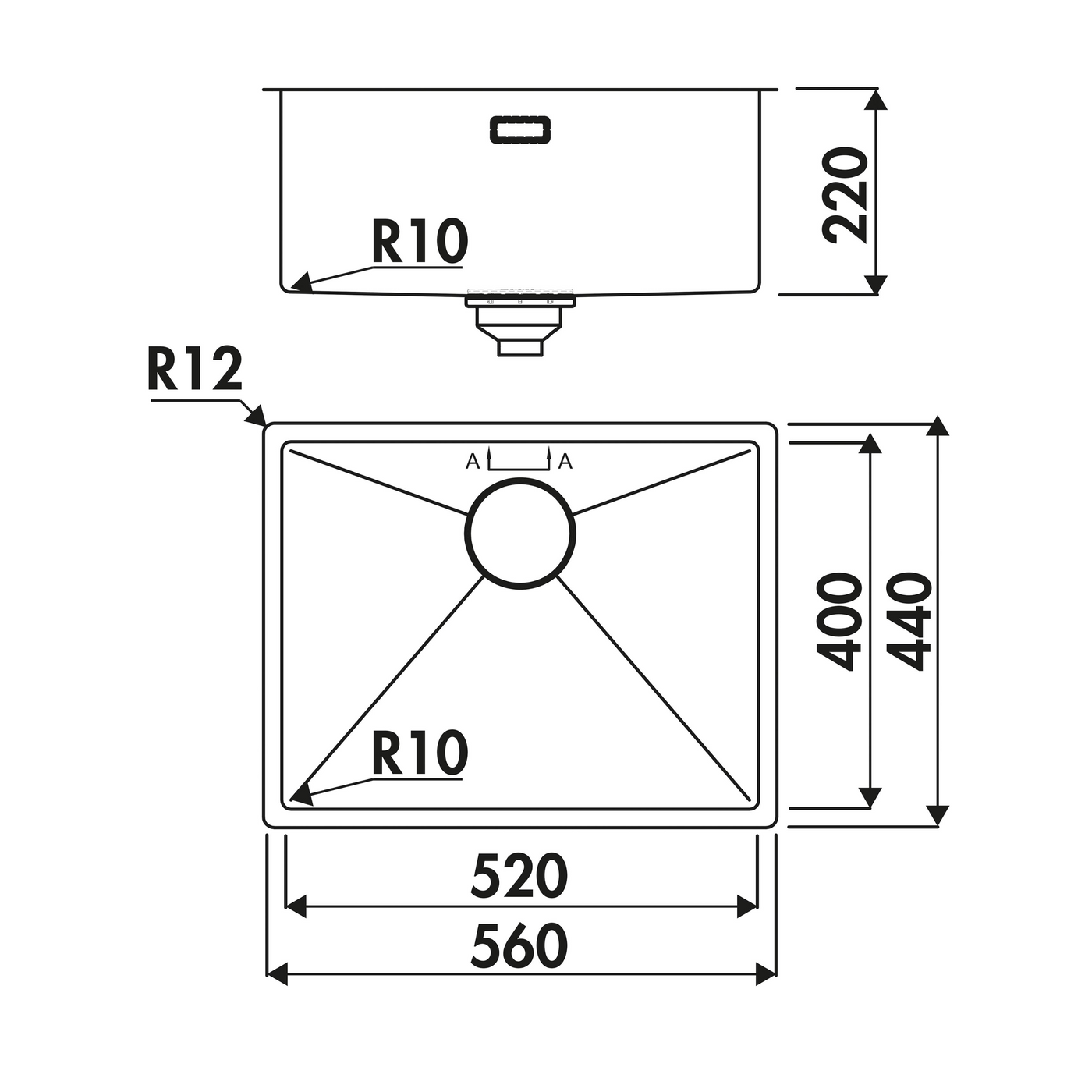 Évier sous-plan inox doré Luisina LEGATO 1 bac 560x440