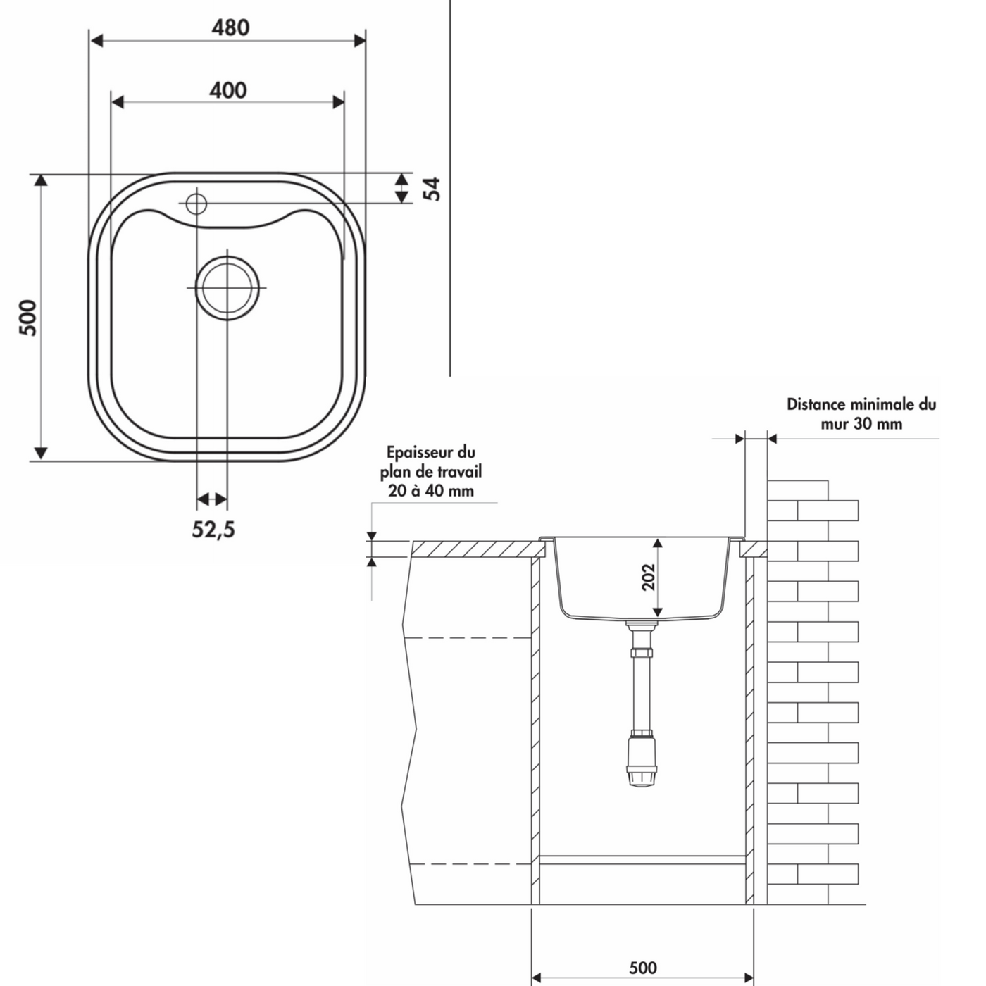 Évier synthèse blanc ZAK 1 bac 480x500