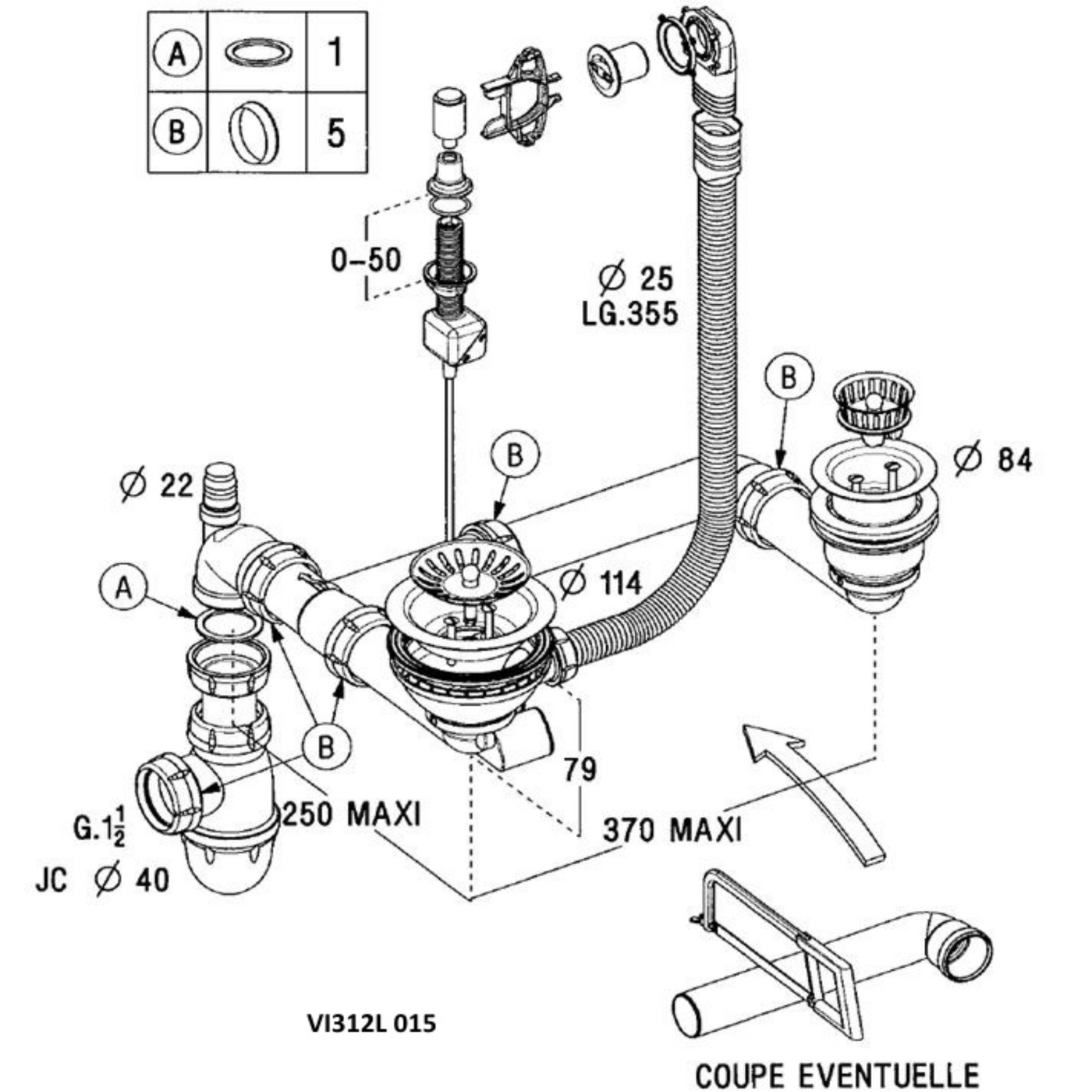 Vidage automatique 1 bac 1/2 sous plan CUIPD240 pour évier Villeroy & Boch SUBWAY et CISTERNA